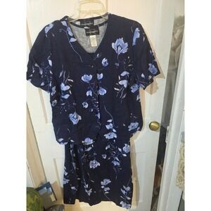 Vintage‎ Requirements Women's Floral Dress Suit Set Blue Linen Rayon Blend Large
